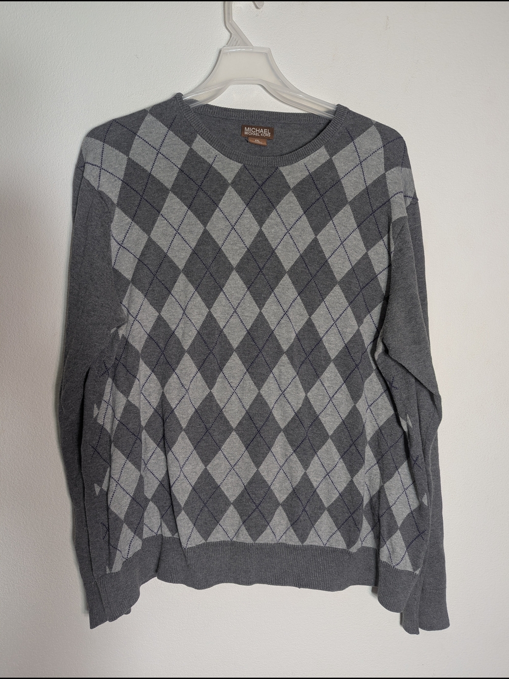 Michael Kors Mens Sweater‎ Argyle Diamond Grey Purple Quiet Luxury Big Tall XXL